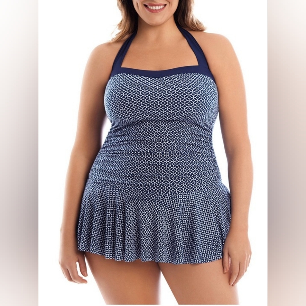 Catalina Navy and White Halter Skirted One-Piece size 12/14